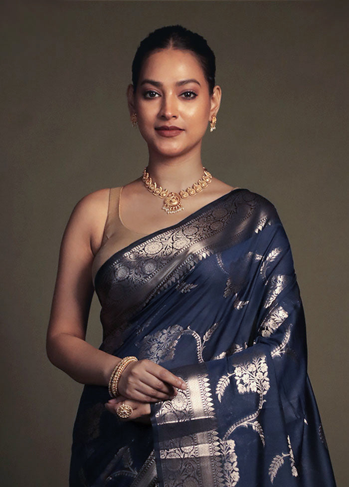Blue Kora Silk Saree With Blouse Piece