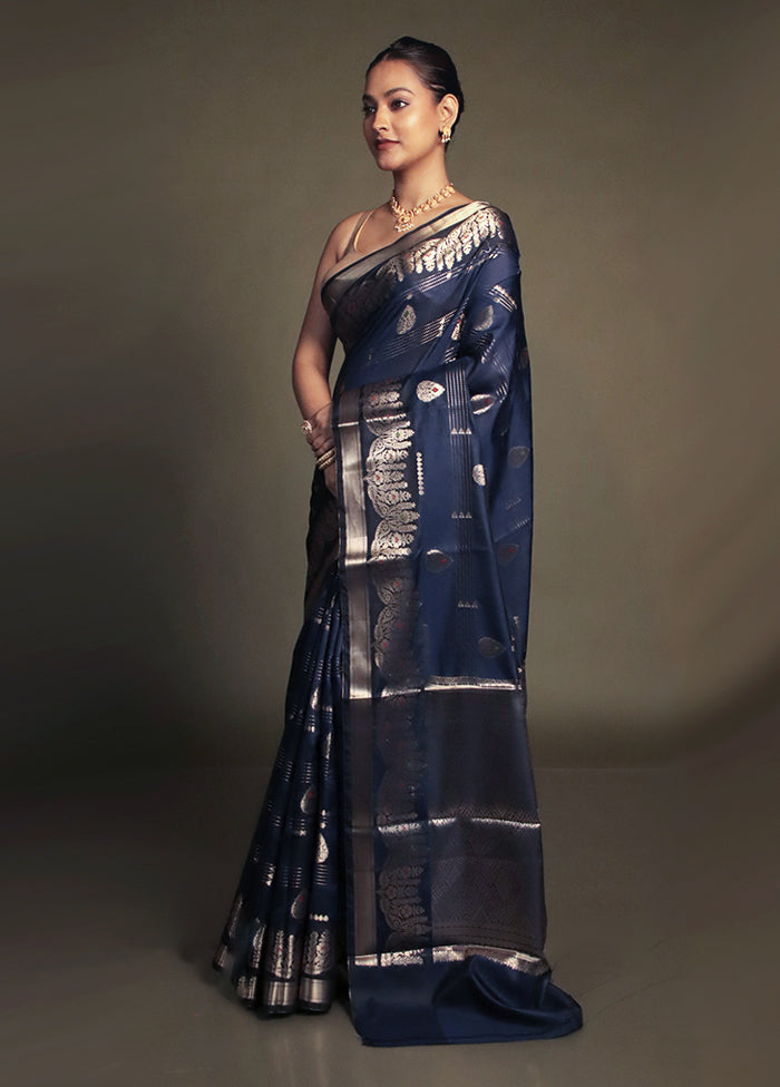 Blue Kora Silk Saree With Blouse Piece