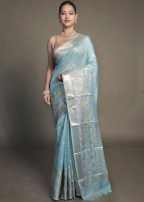 Blue Kora Silk Saree With Blouse Piece