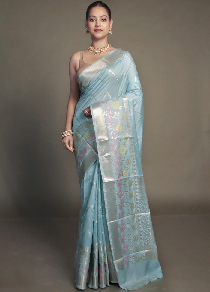 Blue Kora Silk Saree With Blouse Piece