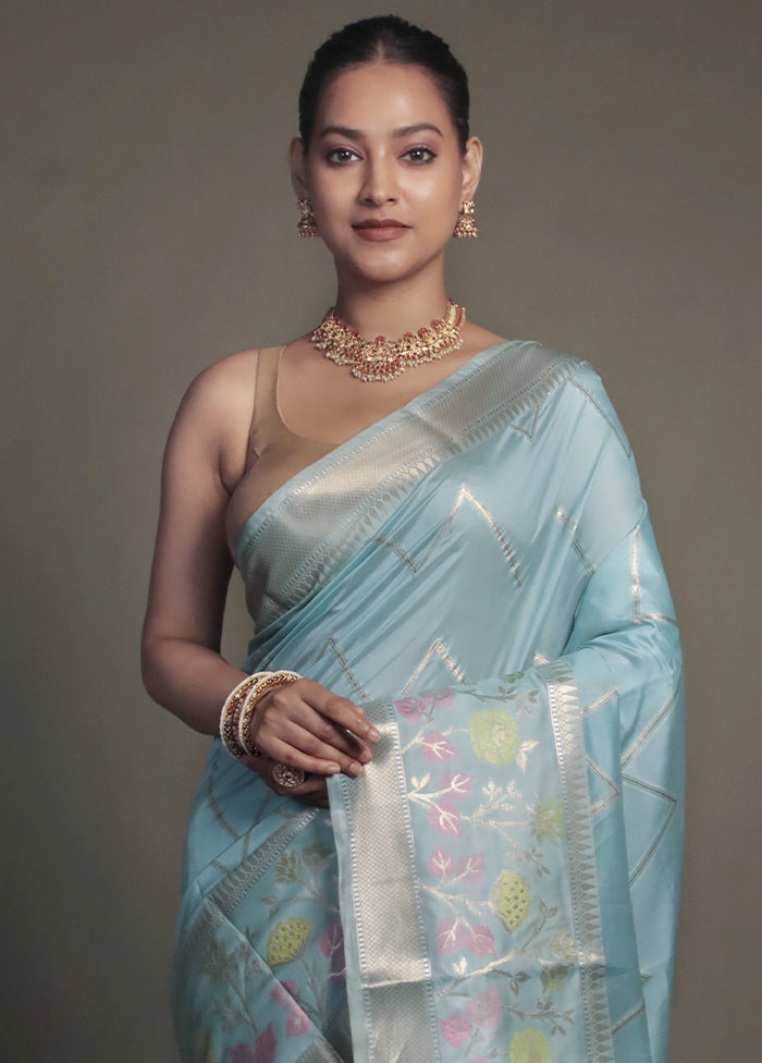 Blue Kora Silk Saree With Blouse Piece