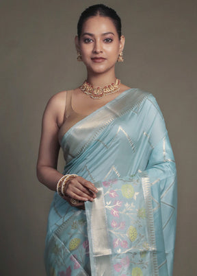 Blue Kora Silk Saree With Blouse Piece