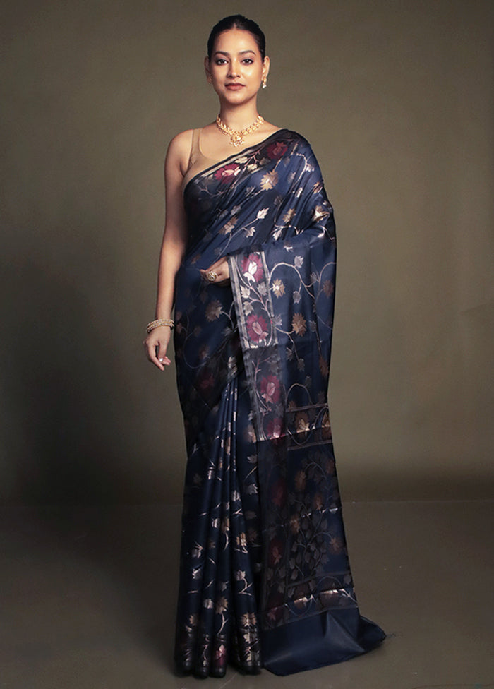 Blue Kora Silk Saree With Blouse Piece