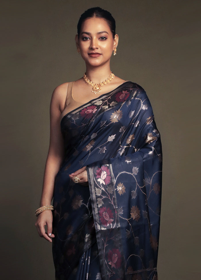Blue Kora Silk Saree With Blouse Piece