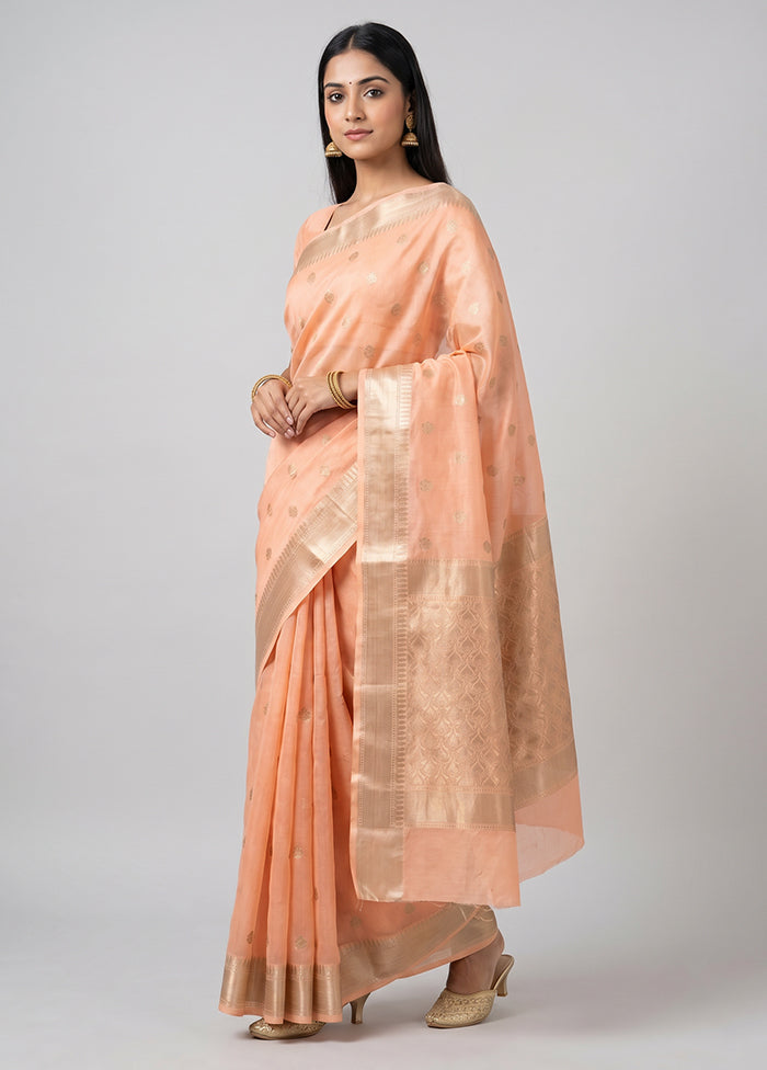 Peach Kora Silk Saree With Blouse Piece