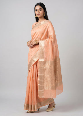 Peach Kora Silk Saree With Blouse Piece