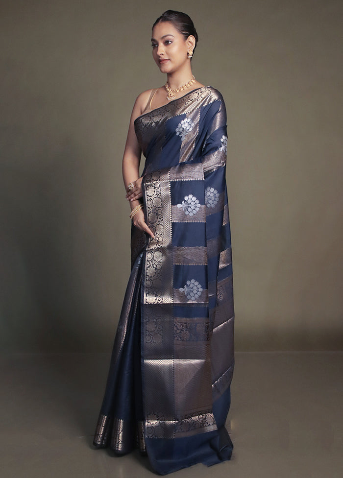 Blue Kora Silk Saree With Blouse Piece
