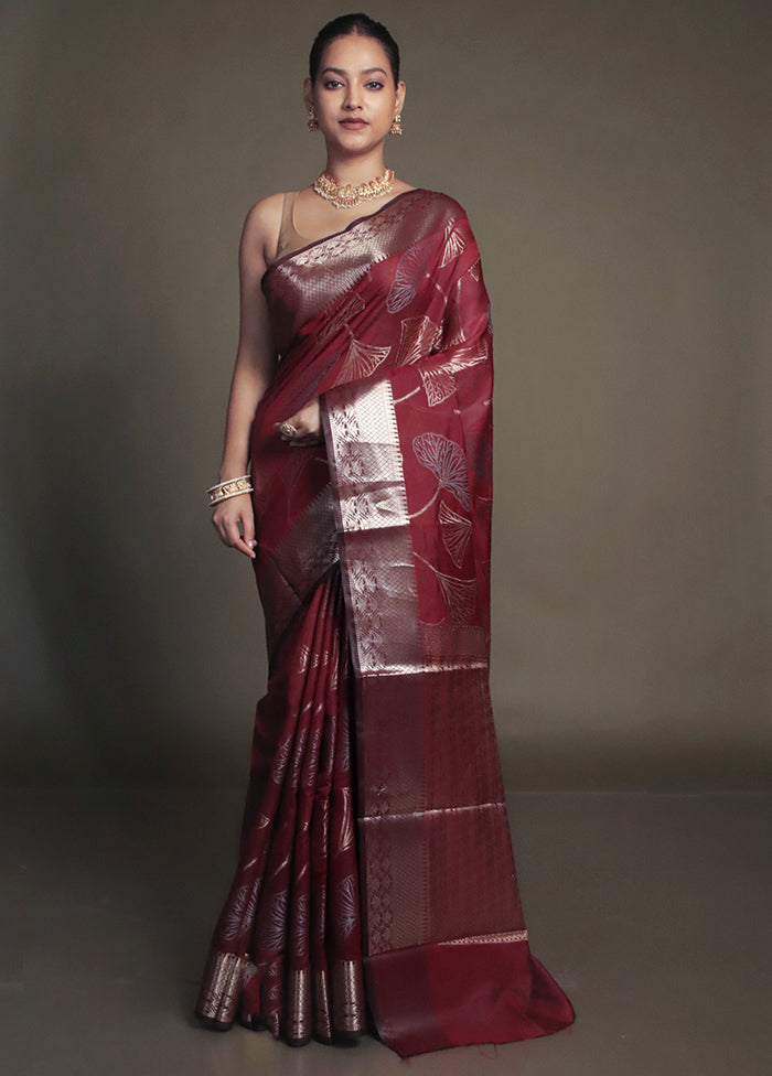 Maroon Kora Silk Saree With Blouse Piece