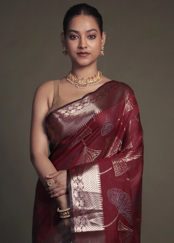 Maroon Kora Silk Saree With Blouse Piece