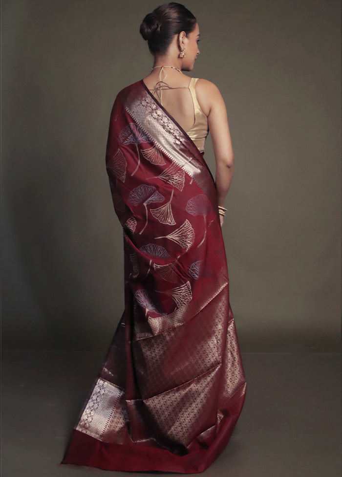 Maroon Kora Silk Saree With Blouse Piece