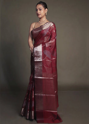 Maroon Kora Silk Saree With Blouse Piece