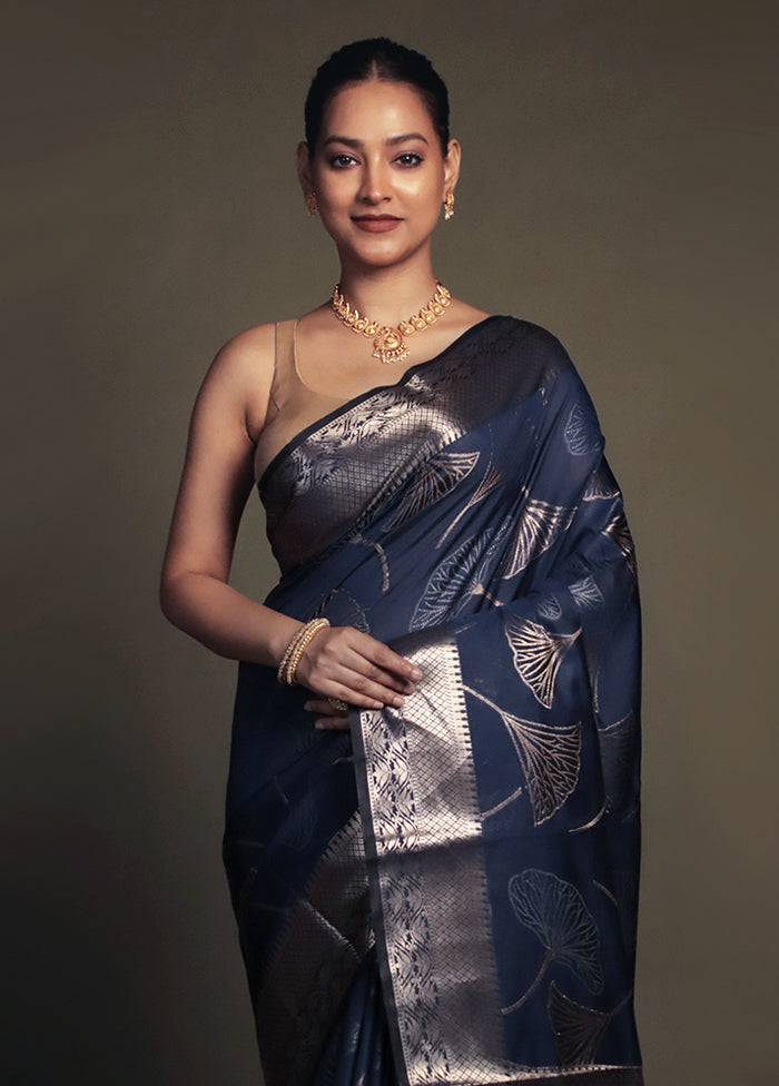 Blue Kora Silk Saree With Blouse Piece