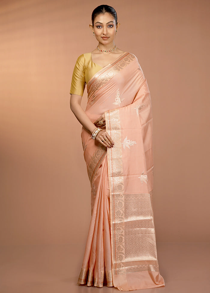 Peach Kora Silk Saree With Blouse Piece
