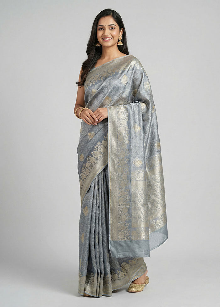Grey Handloom Dupion Silk Saree With Blouse Piece