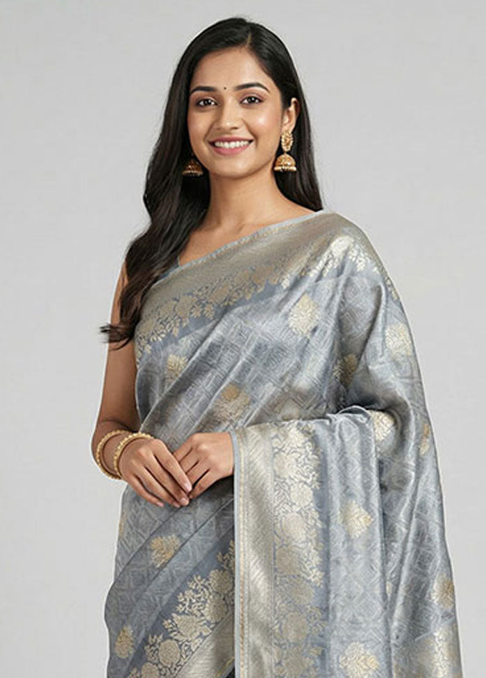 Grey Handloom Dupion Silk Saree With Blouse Piece
