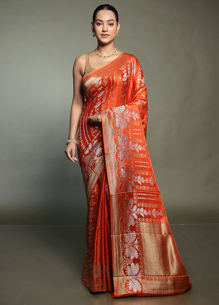 Orange Handloom Dupion Pure Silk Saree With Blouse Piece