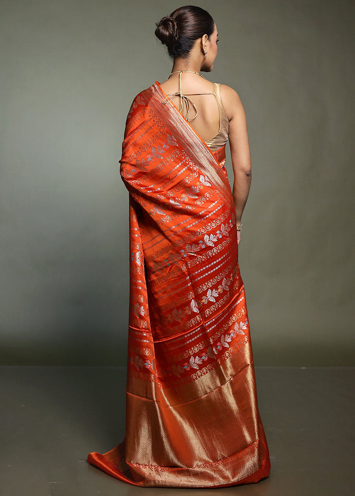 Orange Handloom Dupion Pure Silk Saree With Blouse Piece