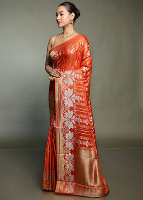 Orange Handloom Dupion Pure Silk Saree With Blouse Piece