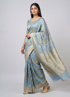 Blue Handloom Dupion Pure Silk Saree With Blouse Piece