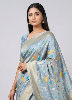 Blue Handloom Dupion Pure Silk Saree With Blouse Piece