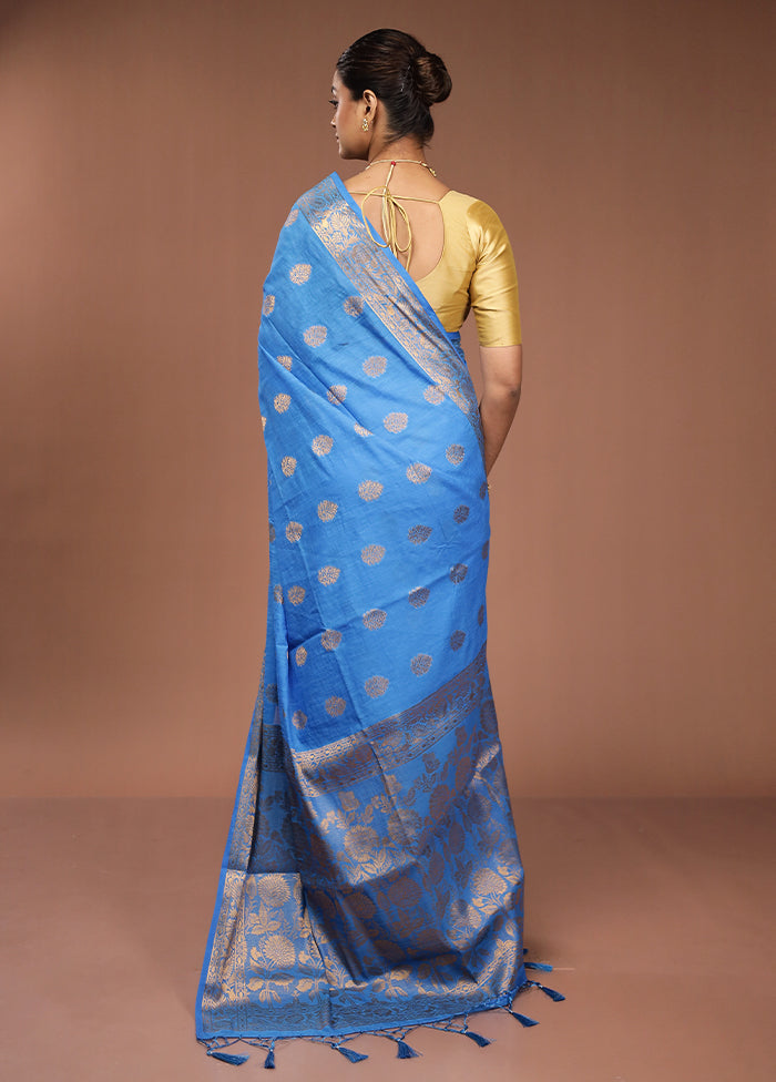 Blue Dupion Silk Saree With Blouse Piece