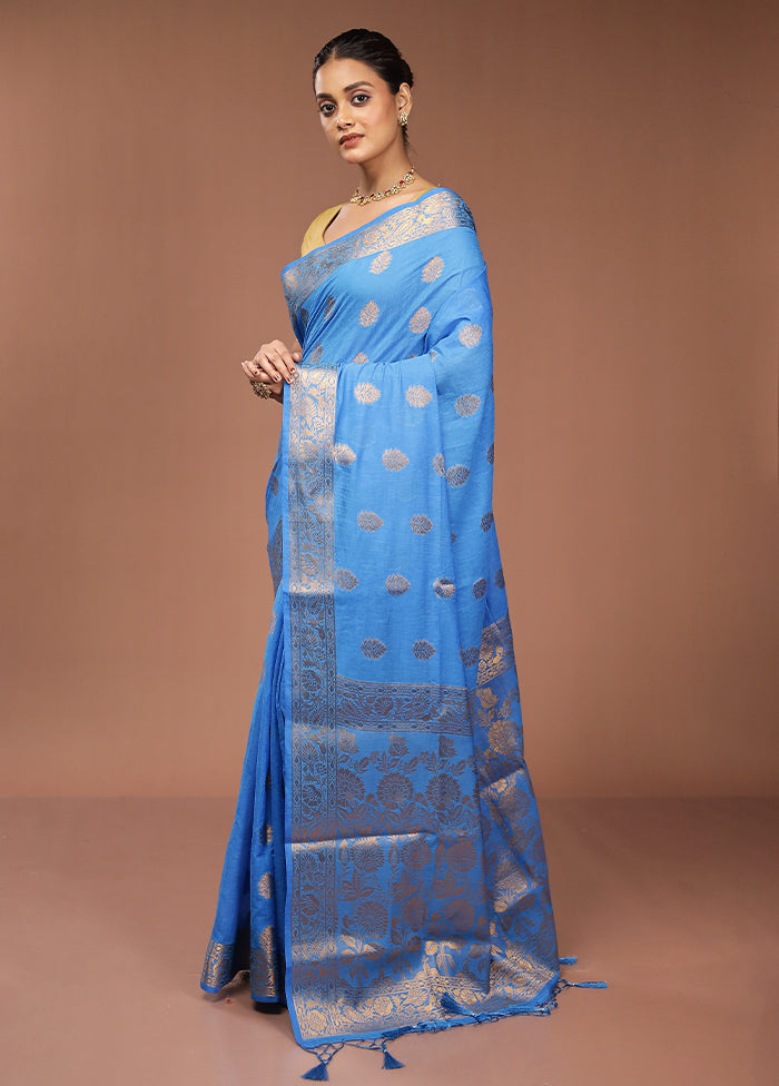 Blue Dupion Silk Saree With Blouse Piece