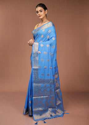 Blue Dupion Silk Saree With Blouse Piece