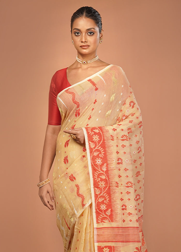 Cream Jamdani Cotton Saree Without Blouse Piece