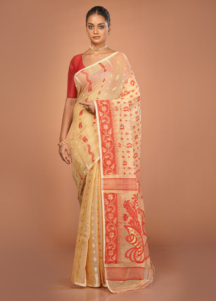 Cream Jamdani Cotton Saree Without Blouse Piece