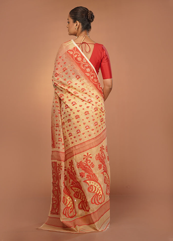 Cream Jamdani Cotton Saree Without Blouse Piece