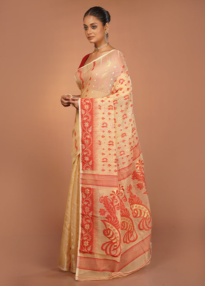 Cream Jamdani Cotton Saree Without Blouse Piece