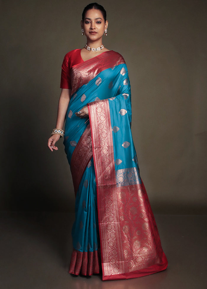 Blue Katan Silk Saree With Blouse Piece