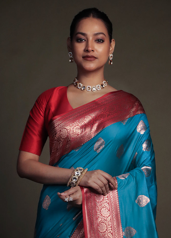 Blue Katan Silk Saree With Blouse Piece