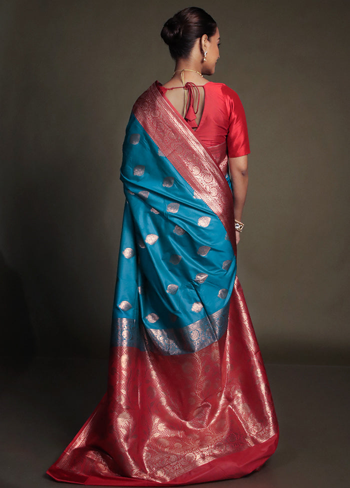 Blue Katan Silk Saree With Blouse Piece