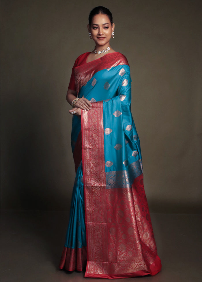 Blue Katan Silk Saree With Blouse Piece