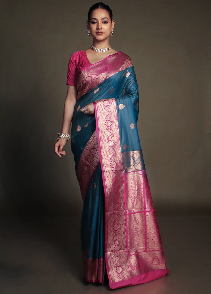 Blue Katan Silk Saree With Blouse Piece