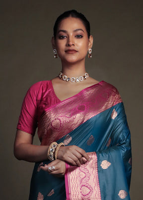 Blue Katan Silk Saree With Blouse Piece