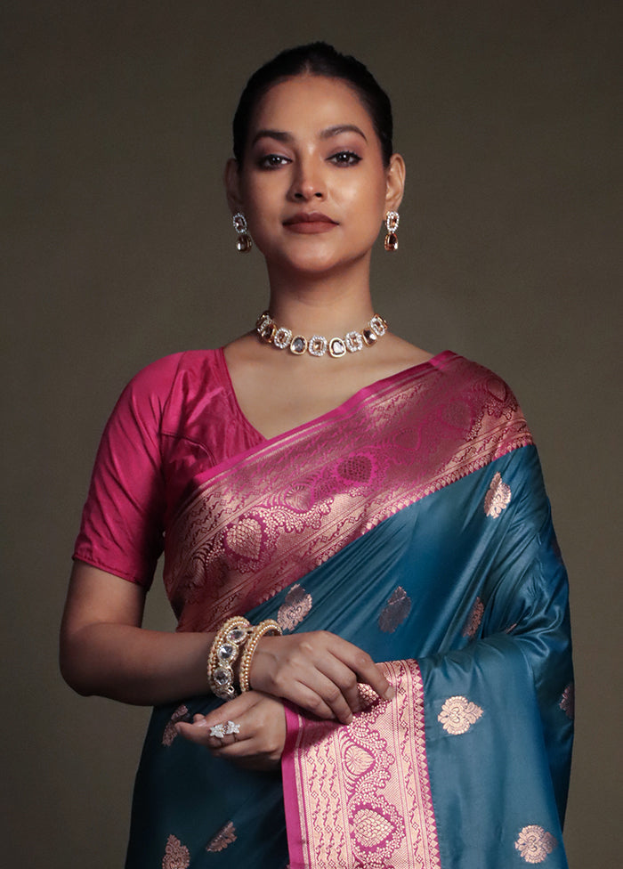 Blue Katan Silk Saree With Blouse Piece