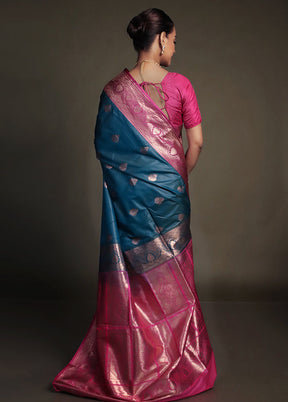 Blue Katan Silk Saree With Blouse Piece