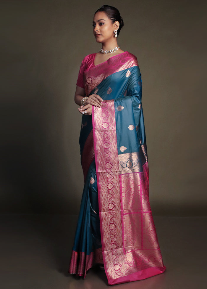Blue Katan Silk Saree With Blouse Piece