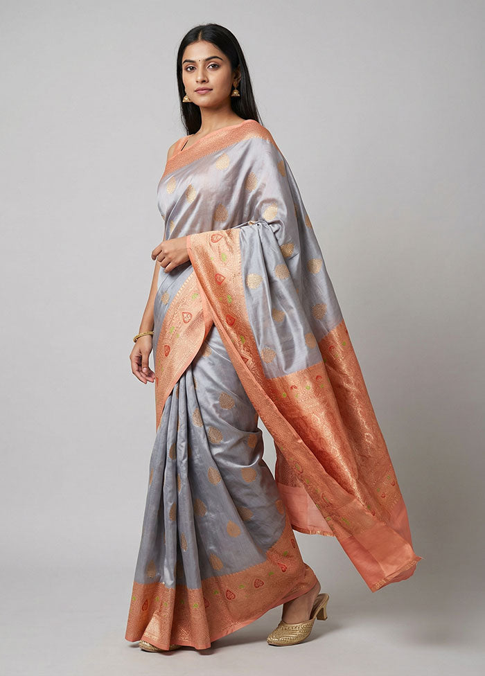 Grey Handloom Katan Pure Silk Saree With Blouse Piece