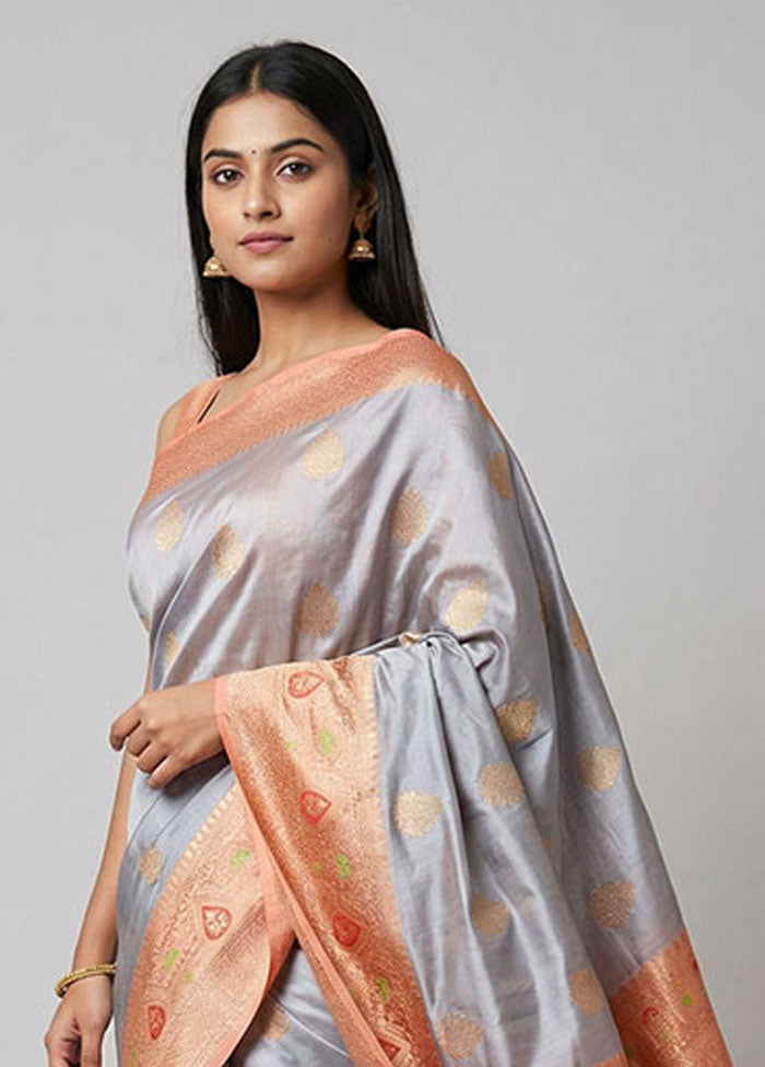Grey Handloom Katan Pure Silk Saree With Blouse Piece