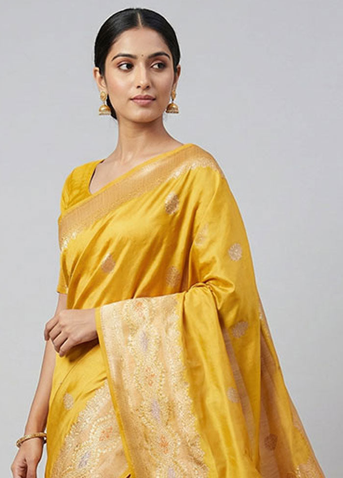 Yellow Handloom Katan Pure Silk Saree With Blouse Piece