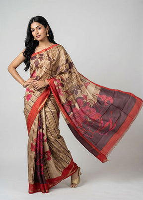 Cream Printed Silk Saree Without Blouse Piece
