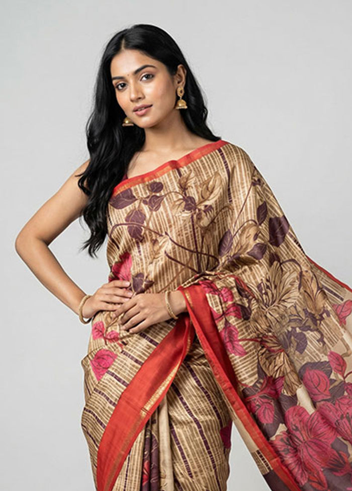 Cream Printed Silk Saree Without Blouse Piece