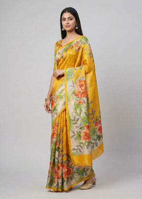 Yellow Printed Silk Saree Without Blouse Piece