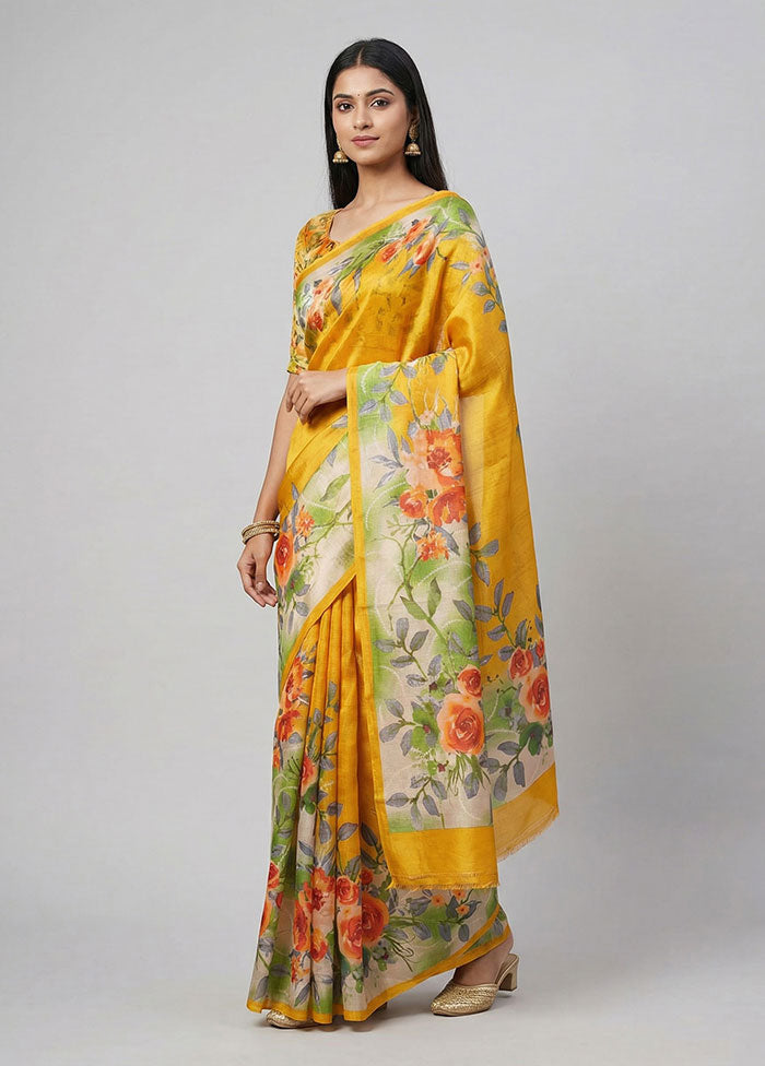 Yellow Printed Silk Saree Without Blouse Piece
