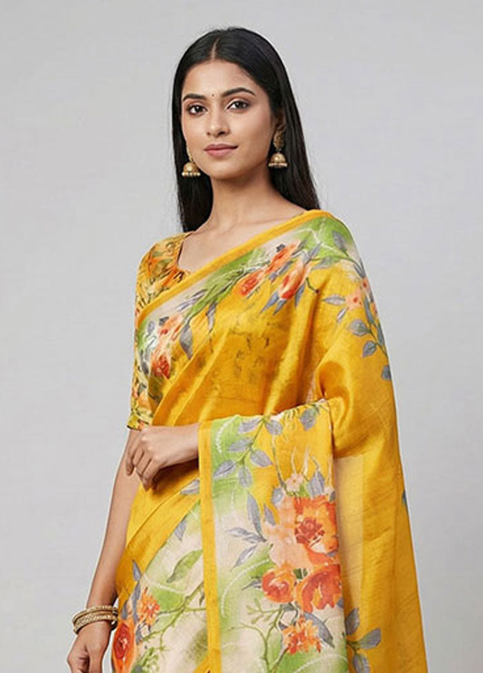 Yellow Printed Silk Saree Without Blouse Piece
