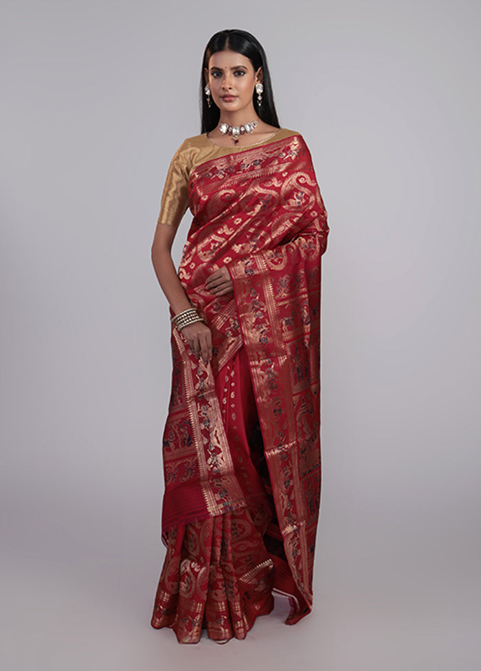 RED HANDLOOM BALUCHARI PURE SILK SAREE WITH BLOUSE