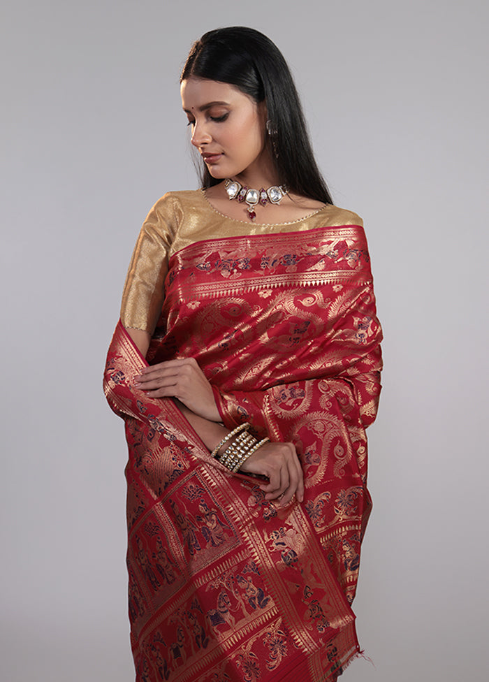 RED HANDLOOM BALUCHARI PURE SILK SAREE WITH BLOUSE